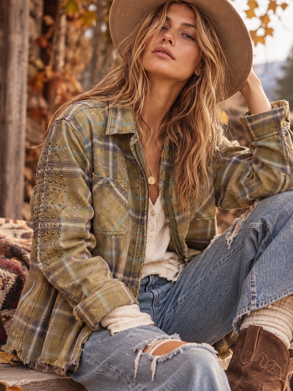 Free People Deconstructed Shacket Olive Plaid Studded Distressed M $168